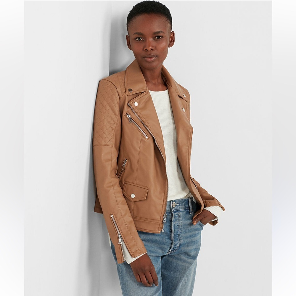 Express (minus) the leather quilted moto‎ honey brown zip up jacket Sz M